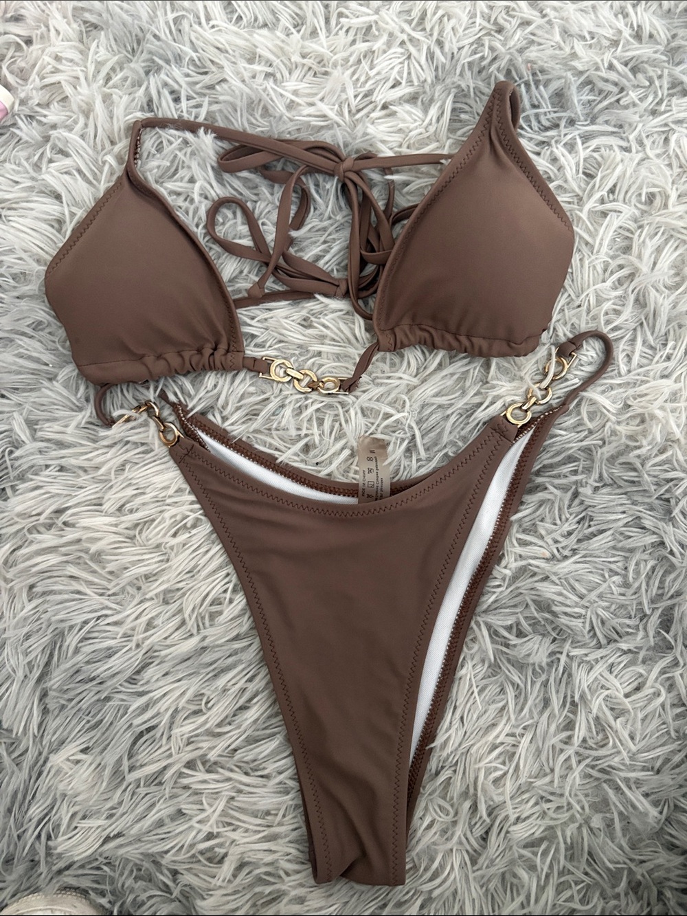 Brown Chain-Detail Triangle Bikini Set